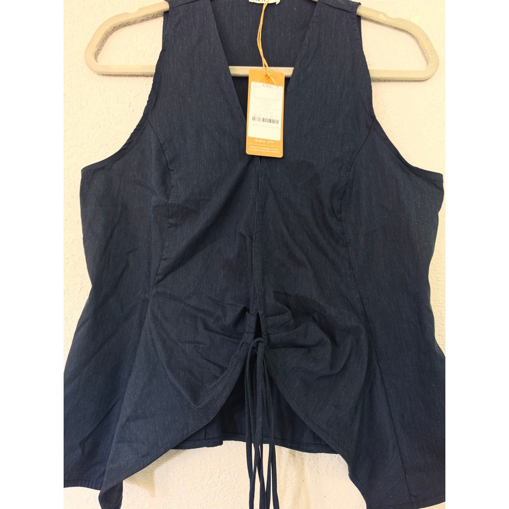 OGL Navy Blue Lyocell Linen Blend Cinched V-Neck Sleeveless Top NWT Size M